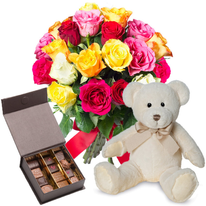 Chocolats, peluche et fleurs - Livraison cadeau D'lys couleurs